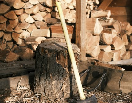 wood pile and ax